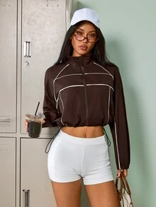 SHEIN Sovereign Charm Women's Striped Colorblock Drawstring Zipper Sports Sweatshirt - Brown - View 1