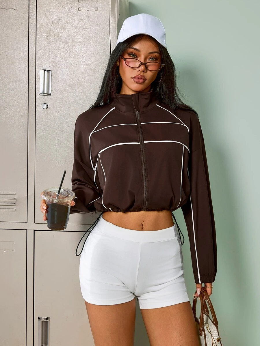 SHEIN Sovereign Charm Women's Striped Colorblock Drawstring Zipper Sports Sweatshirt - Brown - View 1