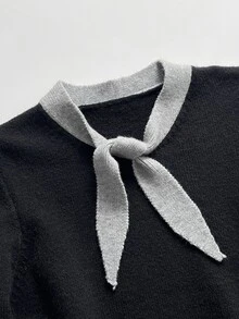 Elamini Women's Loose Casual Colorblock Collar Daily Commute Cute Outfit Autumn Winter Pullover Sweater - Black - View 3