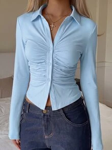 SHEIN EZwear 白色針織修身女款T恤 - 淺藍色 - 查看 5