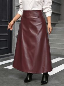 Reflora Plus Solid A-Line Long Black Skirt - Burgundy - View 3
