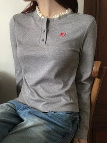 DAZY Kaos Wanita Gaya Korea untuk Liburan Kasual Musim Semi dan Gugur, Bordir Huruf Kombinasi, Lengan Panjang, Kerah Bulat, Patchwork Renda - Grey - View 1