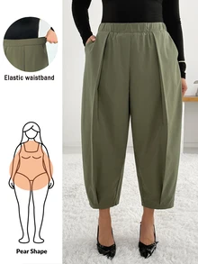 Shapeblank Women's Plus-Size Green Elastic-Waist Cropped Harem Pants – Stylish, Casual, Loose & Comfortable For Spring/Autumn,Curve Pants,Fall Outfits,Bottom - Green - View 3