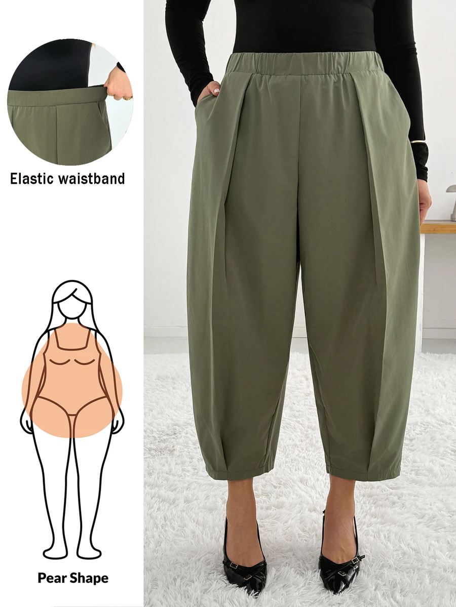 Shapeblank Women's Plus-Size Green Elastic-Waist Cropped Harem Pants – Stylish, Casual, Loose & Comfortable For Spring/Autumn,Curve Pants,Fall Outfits,Bottom - Green - View 1