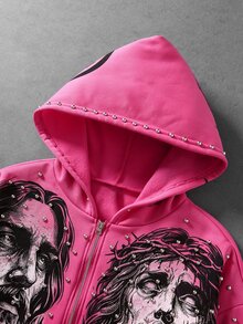 ROMWE MEN Street Life 男士鉚釘裝飾小天使印花圖案拉鍊連帽衛衣 - 玫紅色 - 查看 2