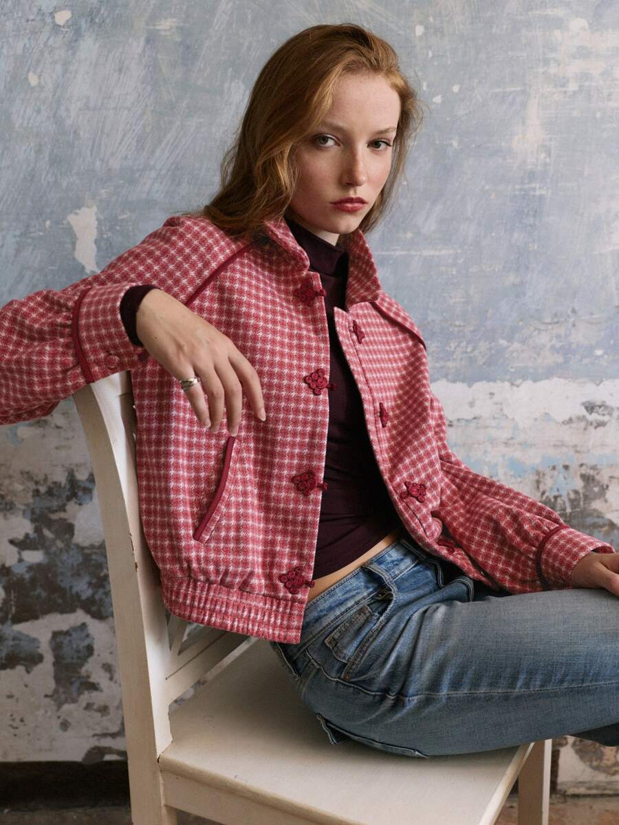 Nöista Women's Jacket With Checks Fabric. Oriental Buttons On The Planket For Closing In Contrast Color, Perfect For Fall Winter, Casual, Cute - Red - View 1