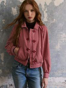 Nöista Women's Jacket With Checks Fabric. Oriental Buttons On The Planket For Closing In Contrast Color, Perfect For Fall Winter, Casual, Cute - Red - View 3