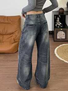 DAZY Women's Blue Washed Distressed High Waist Loose Straight Leg Patchwork Design Casual Versatile Denim Jeans Fall - Blue - View 5