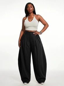 SHEIN SXY Plus Size Suit Pants Office Business Formal Black Winter Casual Smart Baggy - Black - View 4