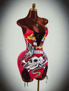 Amplova Halloween Party Event Strap Design Pattern Style Low-Cut Sexy Mini Dress - Red - View 4