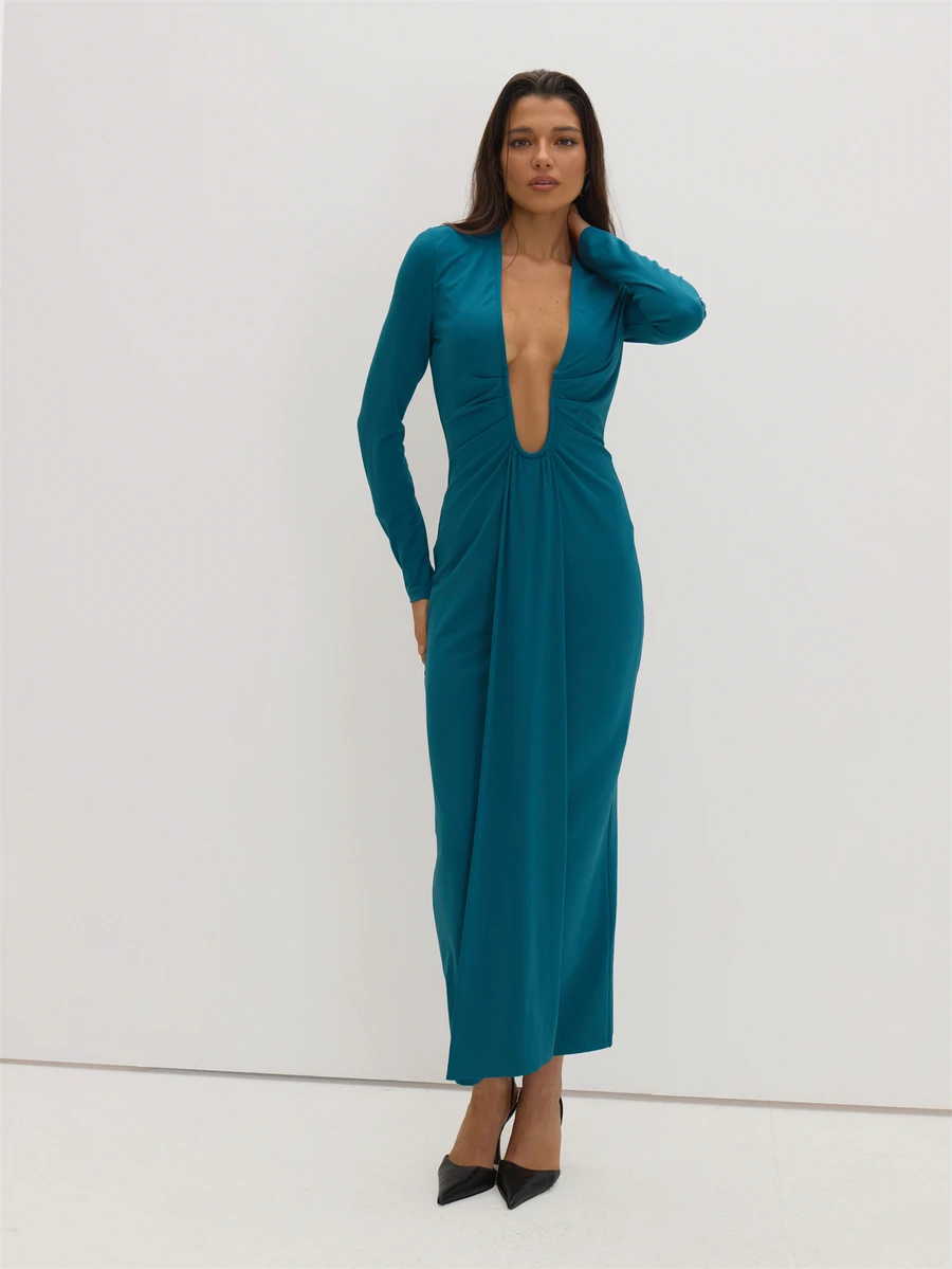 MUSEYN Teal Blue Jersey Deep Plunge Long Sleeve Maxi Dress Classy Date Night Chic Evening Fall - Dark Green - View 1