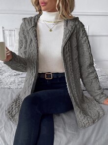 SHEIN Clasi 大尺碼女款紋理圖案長袖抓絨連帽夾克 - 深灰色 - 查看 6