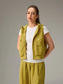 OutZeal Women Sports Jacket Solid Color Gym Workout Hooded Non-Sleeve Vest With Large Pocket - Mustard Yellow - View 8
