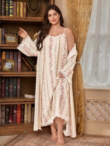 PalaceNights Floral Print Luxurious Lace Trim Loose Long Sleeve Robe With Camisole Slip Dress Ruffle Decor Woven Textured Fabric Plus Size Pajamas - Multicolor - View 4