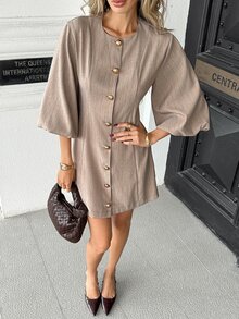 Pariaura Elegant Casual Slim Fit Flattering Single-Breasted Lantern Sleeve Short Sleeve Dress - Multicolor - View 4