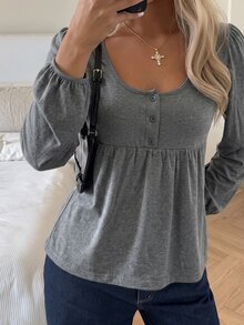 SHEIN EZwear 灰色針織女款半開襟鈕扣長袖T恤 - 深灰色 - 查看 4
