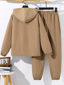 SHEIN 青少年男孩 2件組休閒卡其色連帽開襟衫與長褲，附小標誌，適合秋冬返校季穿著 - 卡其色 - 查看 2