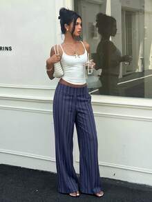 Aloruh Women's Waist Button Design Striped Wide Leg Loose Long Pants - Navy Blue - View 7