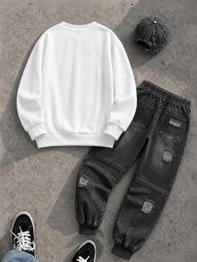 Boys (Big) Sweatshirt Set With Ribbed Collar, Cuffs And Hem, Body Printed With Large Black & White Graffiti Style 3D Letter Print, Letters With Frayed Edges And Black Paint Drip Effect, Paired With Smiling Face Pattern In The Middle, Bottoms Are Tapered Pants With Subtle Textured Pattern, Multiple Ripped Details, Ribbed Cuffs - Multicolor - View 2