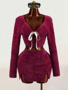 Mistrie Burgundy Plush 2 Pieces Set For Women Bowknot Short Cardigan + High Waist Split Hem Bodycon Mini Skirt - Burgundy - View 4
