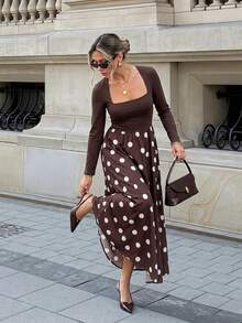 Serisse Women's Patchwork Polka Dot Print Long Sleeve Elegant Dress - Brown - View 2