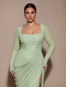 SHEIN BAE CURVE فستان نسائي مقاس كبير أخضر فاصولي شبكي بأكمام طويلة وفتحة جانبية - أخضر - مشاهدة 3