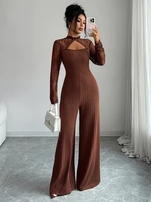 Elenzga Autumn/Winter Daily Commute Minimalist Slim Fit Lace High Neck Floral Lace Patchwork Ribbed Slimming Flared Jumpsuit Solid Dark Coffee Color Women's Jumpsuit - Coffee Brown - View 3