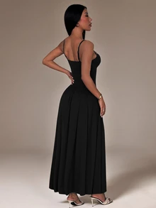 SHEIN PETITE فستان نسائي بلون موحد بحمالات رفيعة طويلة - الأسود - مشاهدة 2