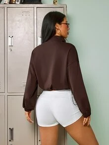 SHEIN Sovereign Charm Women's Striped Colorblock Drawstring Zipper Sports Sweatshirt - Brown - View 2