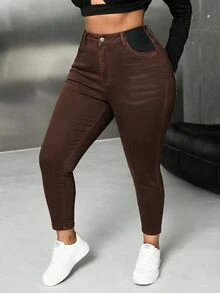 SHEIN ICON 大尺碼女款秋季日常運動休閒棕色高腰修身緊身牛仔褲，附口袋 - 棕色 - 查看 6