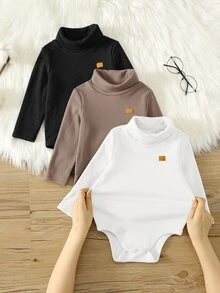 SHEIN 中性新生兒男嬰連身衣，純色保暖內裡加厚高領連身套裝，多件組，嬰兒秋冬服飾 - 彩色 - 查看 3