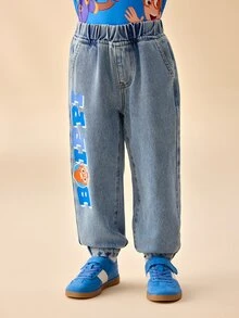 Blippi X SHEIN Young Boy Letter Print Pocket Pleated Leg Elastic Waist Denim Jeans - Medium Wash - View 4
