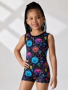 Young Girls Halloween Pumpkin Print Sports Romper, Children Dance Gymnastics Leotard, High Elasticity Romper - Multicolor - View 7