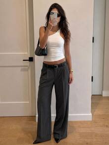 DAZY Women's Dark Grey Vertical Striped High Waist Pocket Pleated Loose Wide Leg Commuter Versatile Casual Long Pants - Black - View 5
