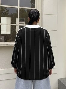 Muchica 大尺碼女款對比色字母印花長袖 Polo 領休閒 T 恤 秋季 - 黑與白 - 查看 2