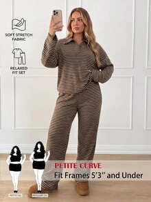 SHEIN PETITE CURVE Plus Size Striped Colorblock Long Sleeve Polo Shirt And Loose Pants 2 Pieces Set Fall - Brown - View 1