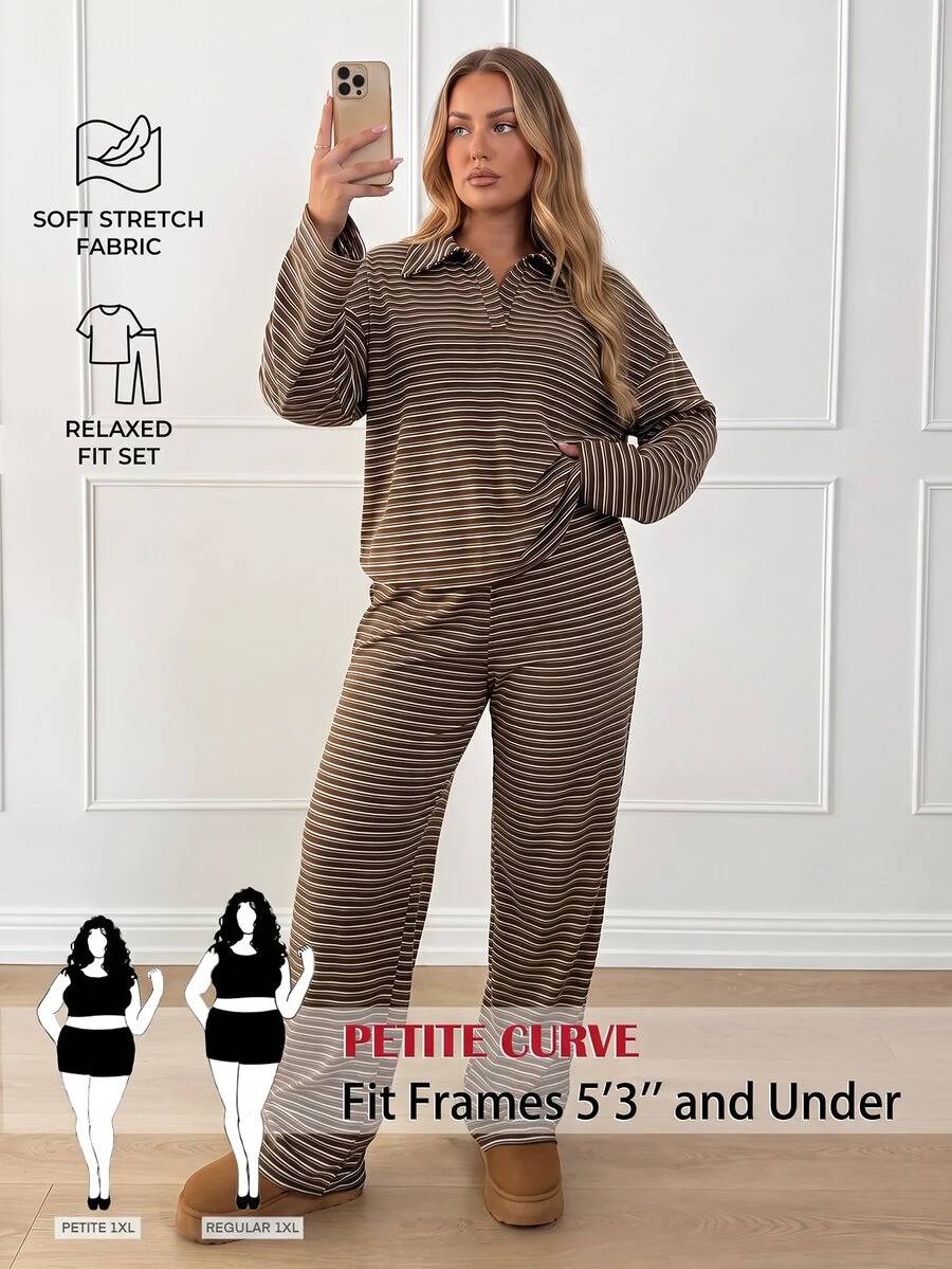 SHEIN PETITE CURVE Plus Size Striped Colorblock Long Sleeve Polo Shirt And Loose Pants 2 Pieces Set Fall - Brown - View 1