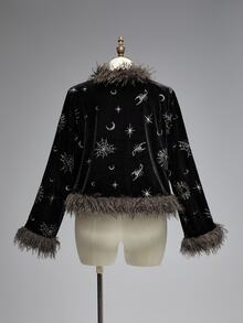 ROMWE Dark Gothic Mysterious Divination Style Star & Moon Pattern Embroidered Fur Collar Decor Plus Size Coat - Black - View 2