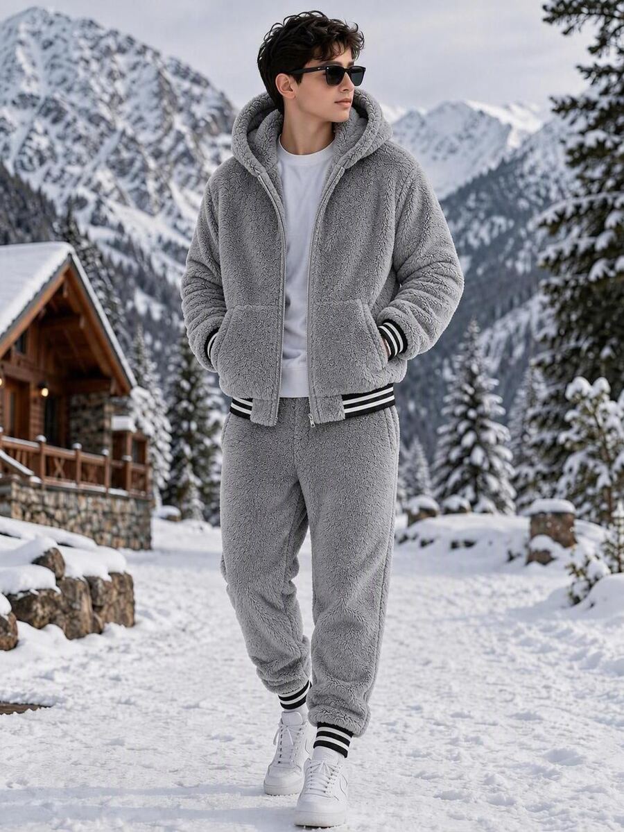 SHEIN Teen Boys Long Sleeve Hoodie Sports Set - Grey - View 1