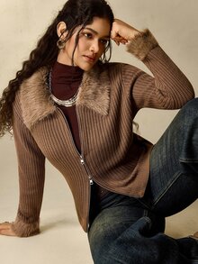 Nubod Plus Size Fitted Elegant Commute Patchwork Fur Collar Zip-Up Knit Cardigan - Brown - View 7