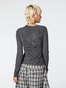 COUREZ Ruched Long Sleeve Top / Y2K Tops For Women Fall Clothes For Women Autumn Winter Clothes For Women Casual Going Out Tops Back To School Tops Grey Top - Dark Grey - View 3