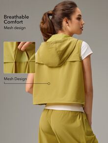 OutZeal Women Sports Jacket Solid Color Gym Workout Hooded Non-Sleeve Vest With Large Pocket - Mustard Yellow - View 3