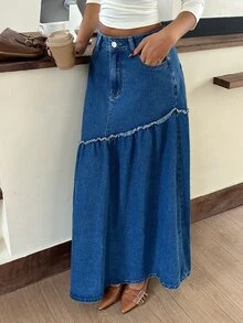 Rivivi Rok Denim Biru Wanita untuk Outdoor Segala Musim dengan Hiasan Rumbai - Dark Wash - View 6