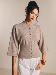 Poéselle Women's Casual Comfortable Waist-Cinching Cardigan - Camel - View 4