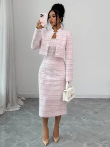 Elenzga Women's Plaid 3D Button Decor Spaghetti Strap Maxi Dress With Frog Button Long Sleeve Cardigan Elegant 2 Pieces Set - Pink - View 3