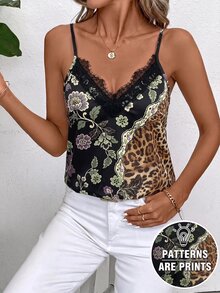 SHEIN Clasi 女款度假風豹紋花卉撞色蕾絲細肩帶背心上衣 - 彩色 - 查看 1