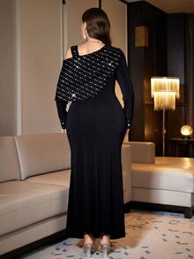 Reflora Plus Size Women's Asymmetrical Shoulder Black Sequin Decorated Long Sleeve Evening Dress - Black - View 3