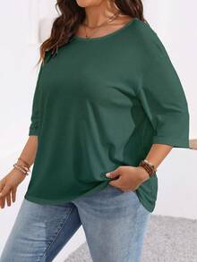SHEIN Plus Size Women's Solid Color Round Neck Drop Shoulder 3/4 Sleeve Casual T-Shirt - Limelight Green - View 5