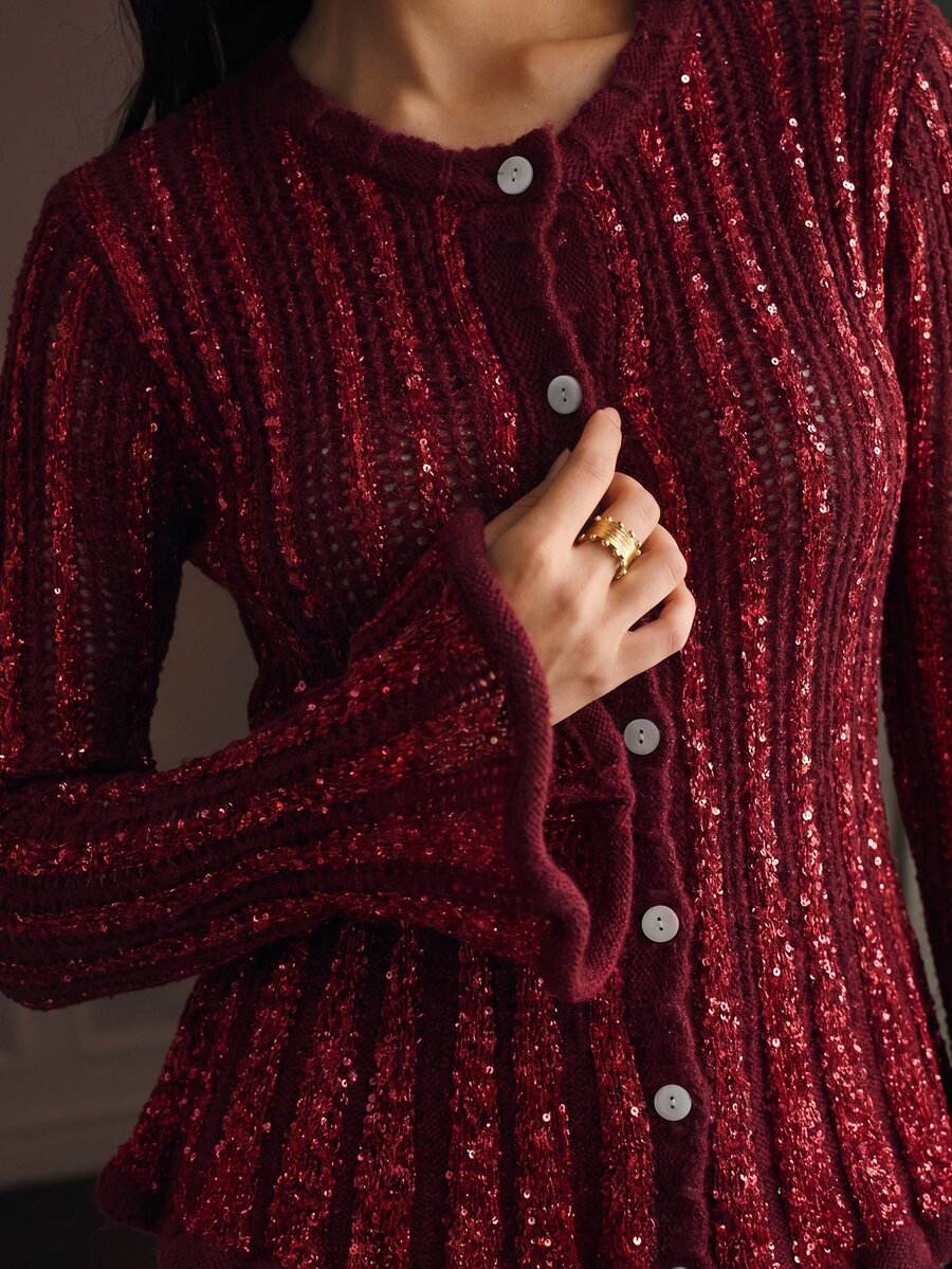 Anewsta Women's Blue Loose Comfortable Knit Cardigan For Vacation And Outings - Burgundy - View 1