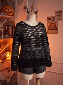 Comfortcana Plus Size Mesh Hollow Out Pullover Sweater - Black - View 2